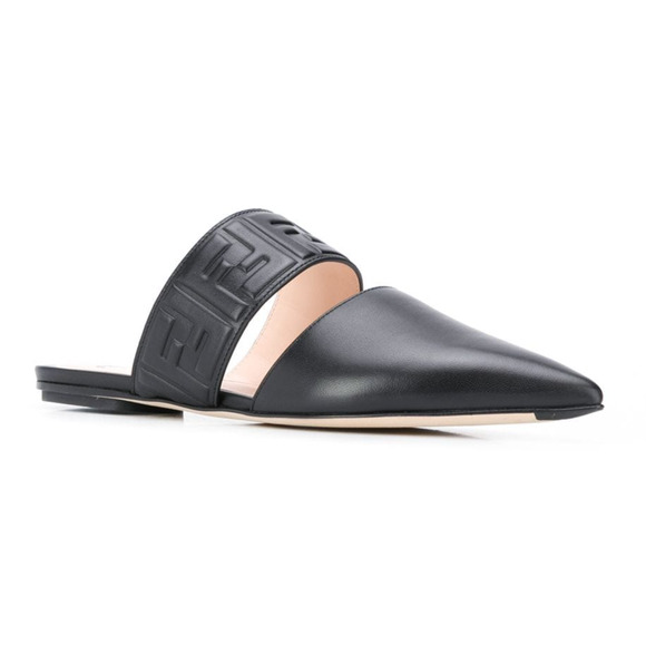 Fendi Motif FF Logo Black Leather Pointed Toe Ballerina Ballet Mule Flat 37.5 - Picture 2 of 12